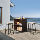 Yaheetech 3pcs Outdoor Bar Set, Patio Wicker Bar Furniture with 2 Storage Shelves, Glass Top Table, Cushions and Two Stools, Brown/Khaki Yaheetech