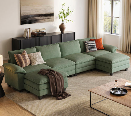 LINSY HOME 157'' Modular Sectional Sofa Green Couch Corduroy Cloud Couches for Living Room, U Shaped Couch with Movable Ottoman, Modern Cloud Sectional Sofas for Bedroom and Apartment, Green LINSY HOME