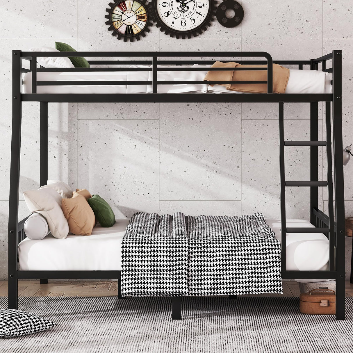 Full XL Over Queen Bunk Beds for Kids Teens Adults, Heavy-Duty Metal Bunk Bed Full Over Queen with Ladder and Slats Support for Boys Girls,Space-Saving,Noise Reduced,Black MoproBeti