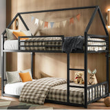 LIKIMIO Bunk Bed Twin Over Twin, House Bunk Bed Frame with Ladder and Guardrail, House Shaped with Metal Slats for Dormitory and Bedroom, Space Saving, No Box Spring Needed, Black LIKIMIO