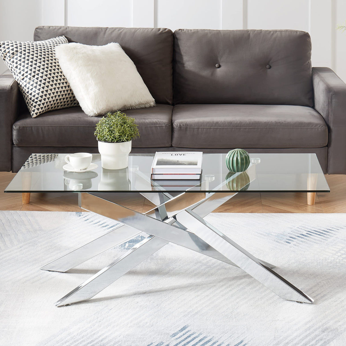 Rectangle Modern Coffee Table, Tempered Glass Top and Metal Tubular Leg, 47.3”Lx23.6”Wx18.1”H, Silver Edwin's Choice