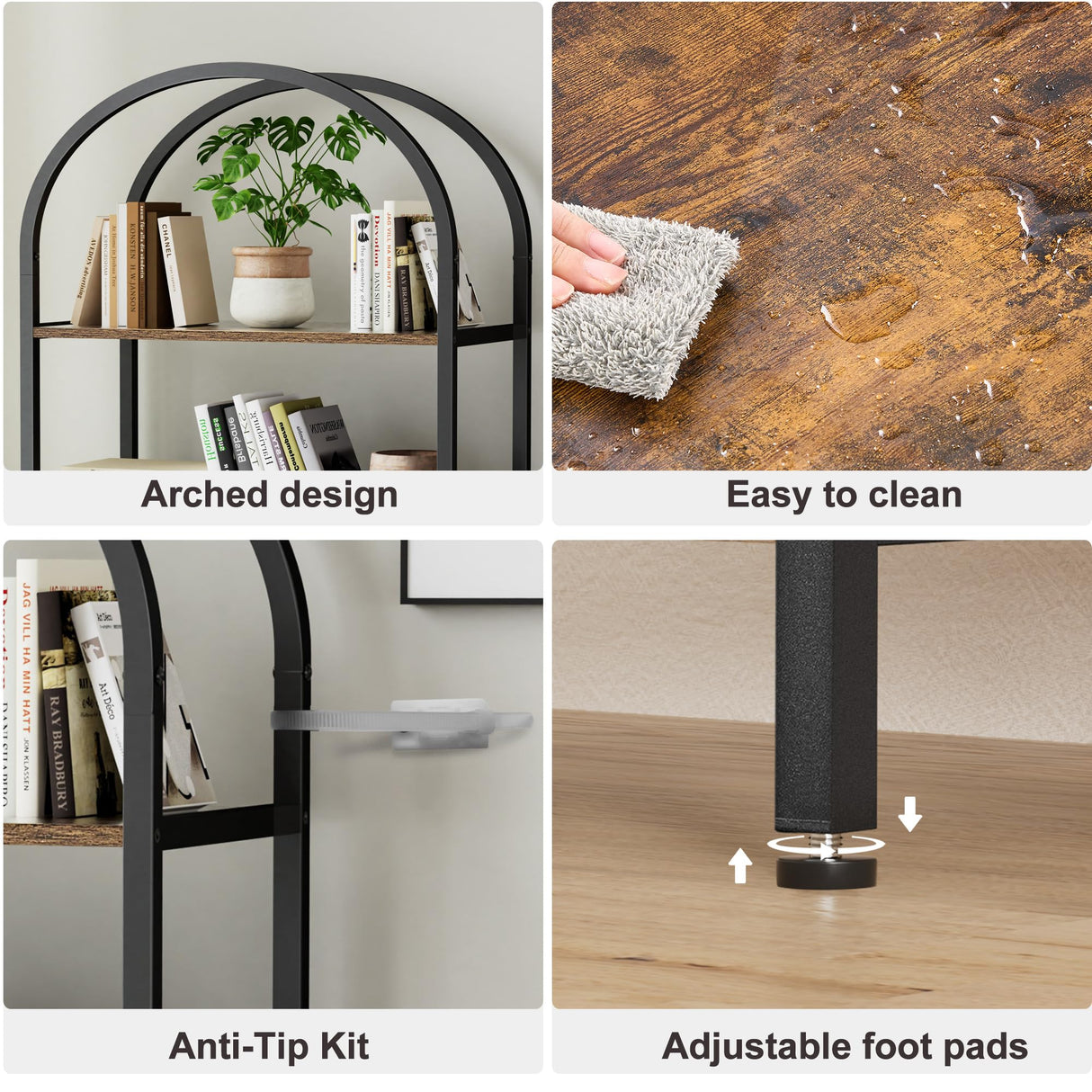 Homhedy 6-Tier Bookshelf Arched Display Racks, Wood and Metal Bookcase, Tall Bookshelf, Industrial Display Standing Shelf Unit, for Home Office, Living Room, Bedroom, Bathroom, Rustic Brown Homhedy