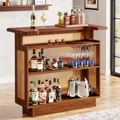 Tribesigns Caramel Brown Farmhouse Rattan Bar Cabinet with 4 Stemware Racks and Ample Storage