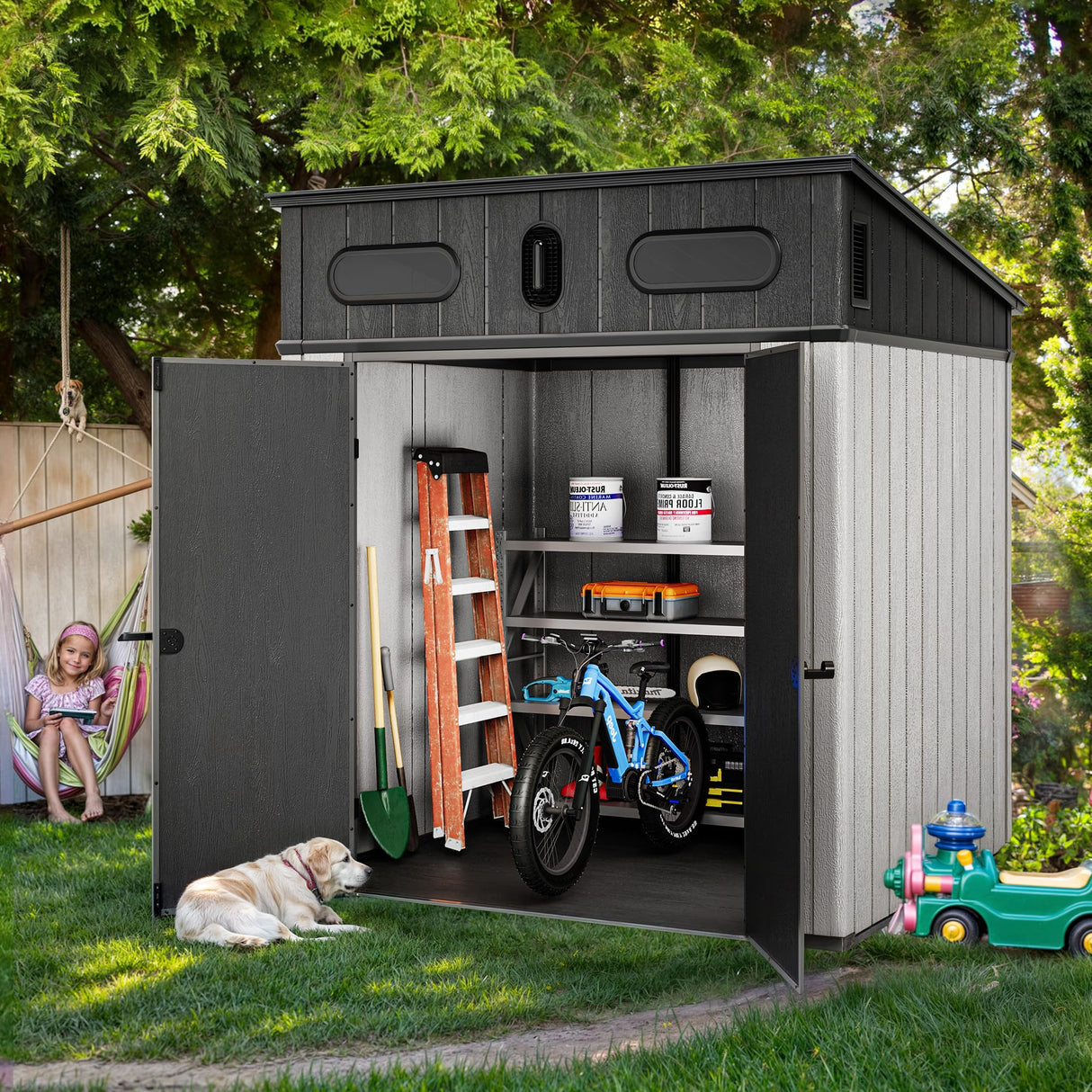 YITAHOME 6x6 ft Outdoor Resin Storage Shed, Waterproof Garden Shed with Windows, Floor, Double Doors, Weather-Resistant Lockable Tool Organizer for Outdoor Tools, Supplies, Bikes, Gray YITAHOME