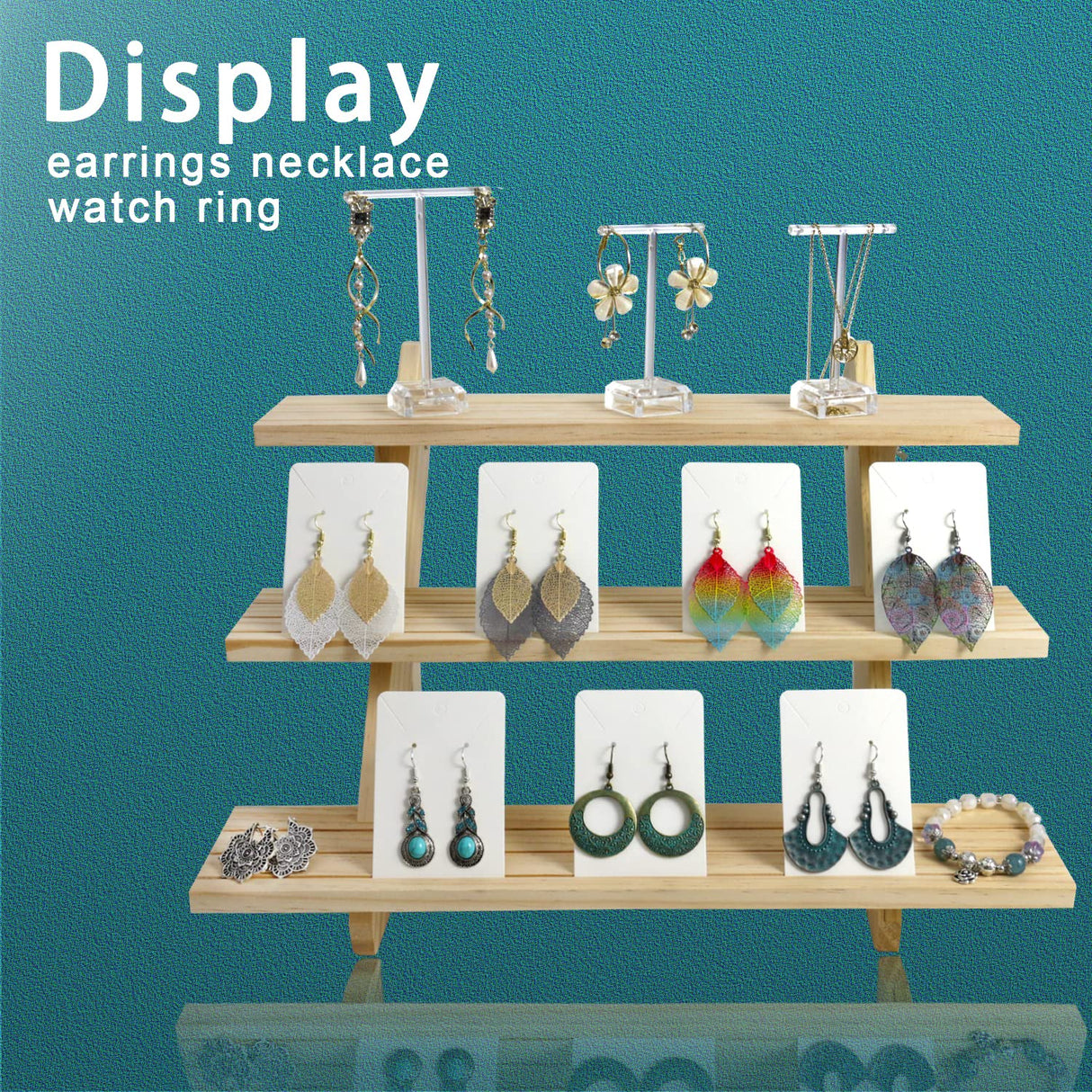 Auroal 3 Tier Earring Display Stands For Selling, Retail Display Riser Earring, Ring Holder Stand, Removable Countertop Small Merchandise Display Stand, for Figures,Cupcake, Photo (Wood color) Auroal