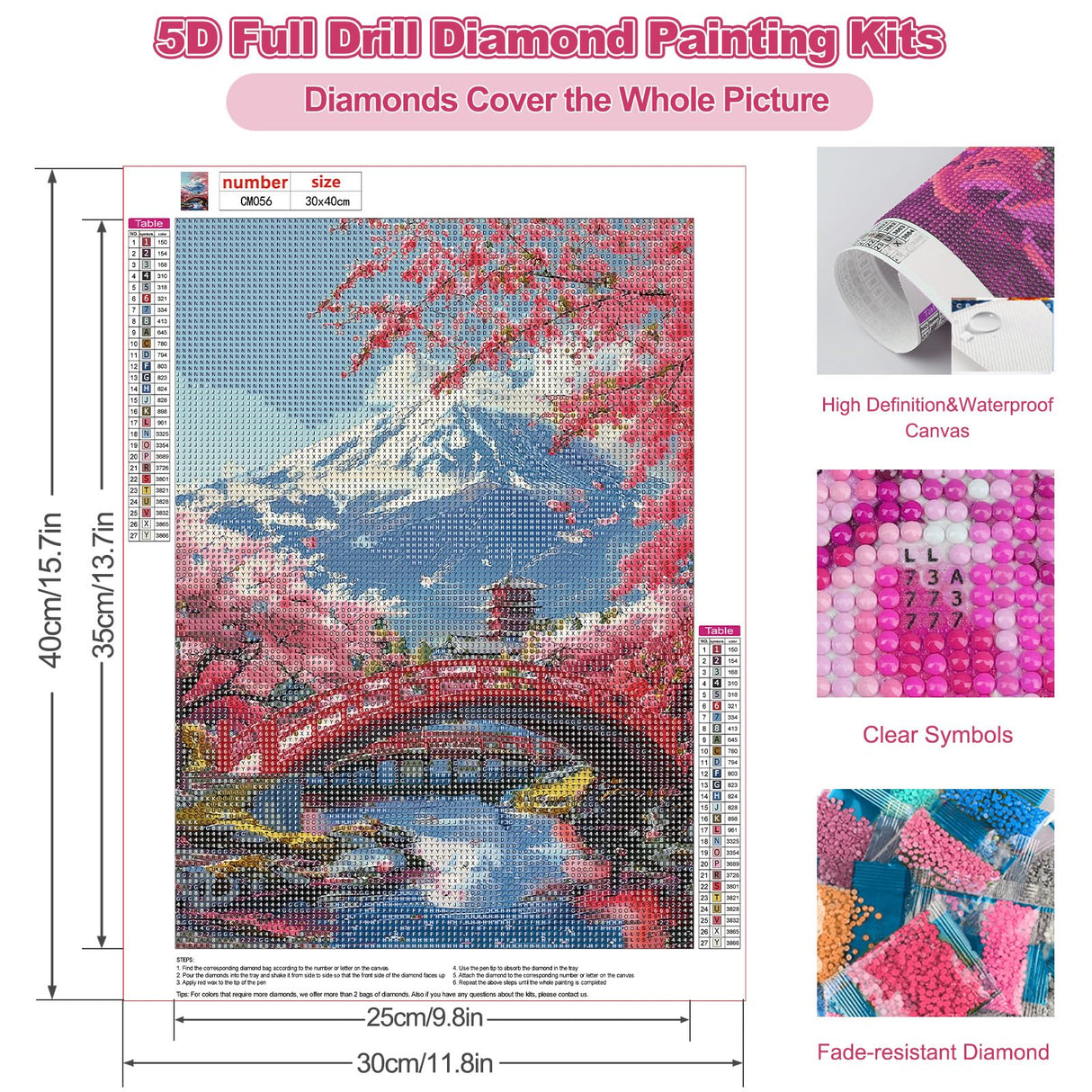 CEOVR Mount Fuji Diamond Art Kits for Adults, Sakura Diamond Painting Dots 5D DIY Full Drill Cherry Blossom Gem Art, Adult Crafts Kits Arts and Crafts, Wall Decor for Home Office 12x16in CEOVR