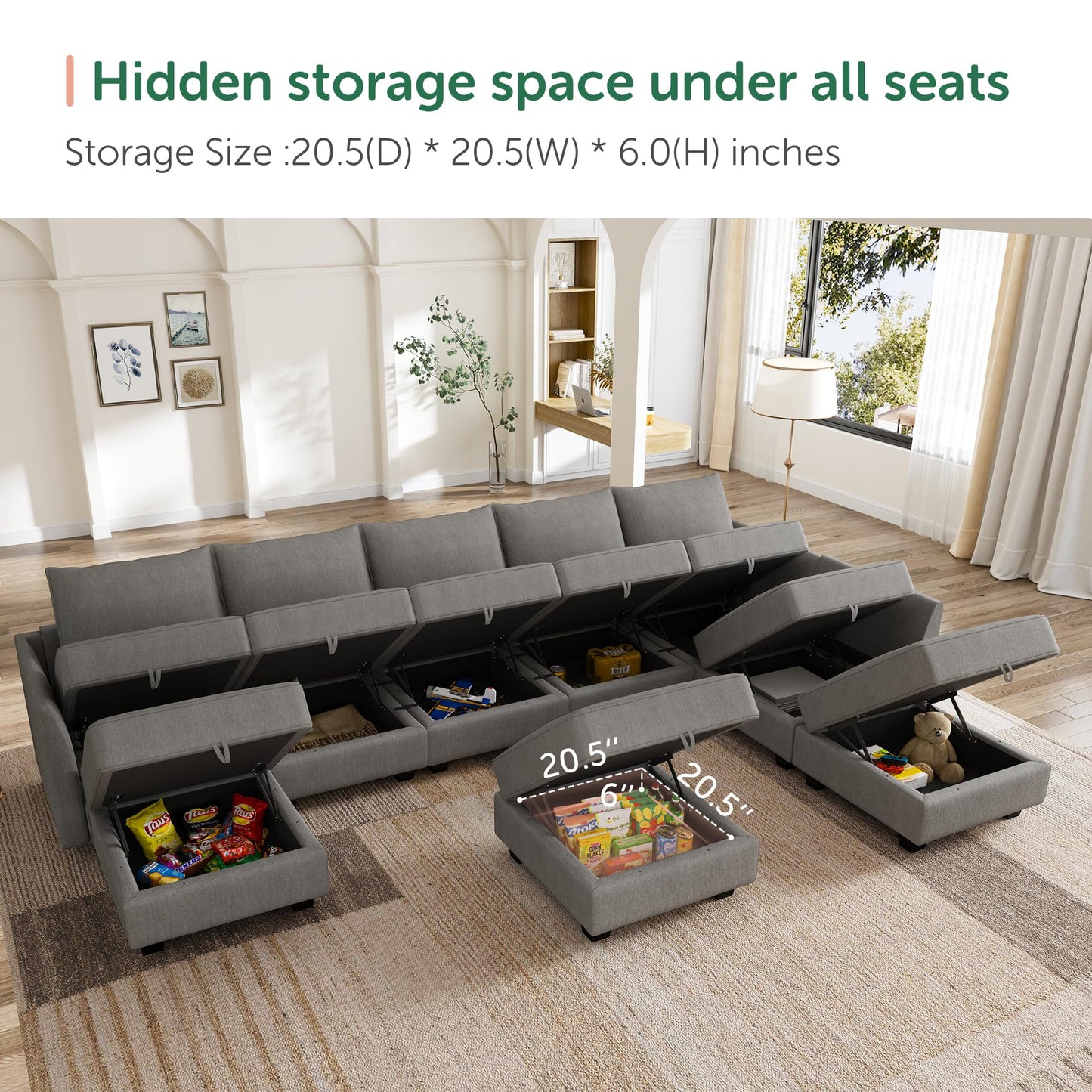 HONBAY Oversized Modular Sectional Sofa with Storage Seats Reversible Sectional Couch with Ottomans U Shaped Modular Sectional Couch for Living Room, Grey