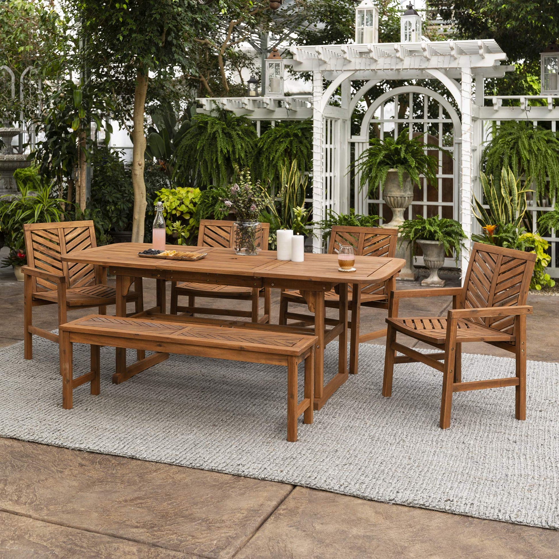 Walker Edison 7 Person Outdoor Wood Chevron Patio Furniture Dining Set Extendable Table Chairs Bench All Weather Backyard Conversation Garden Poolside Balcony, 6 Piece, Brown - WoodArtSupply