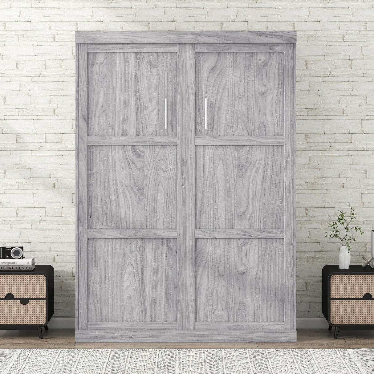 SOFTSEA Full Size Murphy Bed Cabinet, Solid Wood Foldable Wall Bed can be Folded into a Cabinet, Vertical Hideaway Murphy Bed Space-Saving for Guest Room Living Room Bedroom Office, Grey SOFTSEA