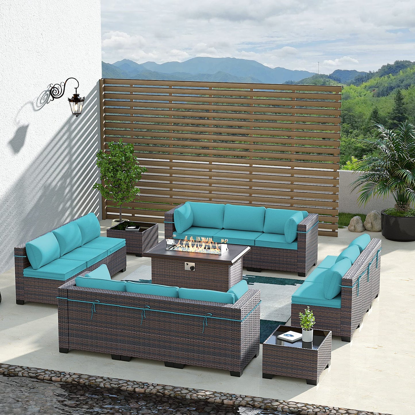 ASJMR Outdoor Patio Furniture Set with Gas Fire Pit Table, 15 Pieces Outdoor Furniture Set Patio Sectional Sofa w/43in Propane Fire Pit, PE Wicker Rattan Patio Conversation Sets (Teal)