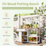 Fir Wood Potting Bench with Hutch - Outdoor Garden Workstation with 4 Shelves, Drawer & Adjustable Storage, 50.2" Countertop, & Pegboard (White + Wood + Rustic) Oevsld