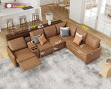 AMERLIFE Single Left Power Recliner Sofa, Reclining Sectional Sofa with Console, 6 Seats L Shaped Couch with Cup Holder& Charging Socket, Leather Modular Sofa for Living Room AMERLIFE