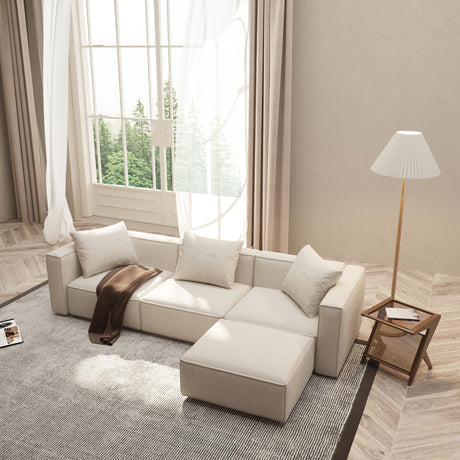Acanva Luxury Modular Sectional Living Room Sofa Set, Modern Minimalist Style Couch with Ottoman and Chaise, L-Shape, Linen-Like Cream Acanva