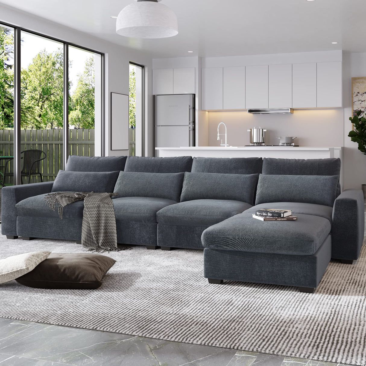 Eafurn Feather Filled Oversized Convertible Modular Sectional Sofa with Movable Ottoman, L Shaped Deep Seat Reversible Sleeper Corner Couch with Waist Pillows for Living Room Furniture Sets Eafurn