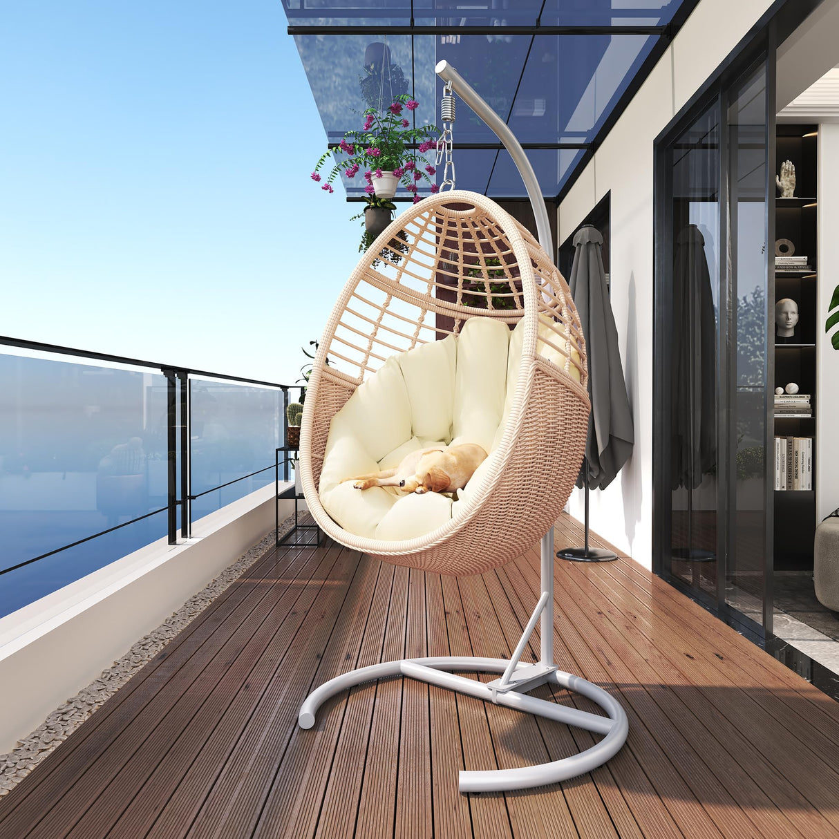 TWT Egg Chair Indoor Outdoor Patio Wicker Hanging Egg Chair Swing Egg Basket Chairs with Stand UV Resistant Cushions 350lbs Capacity for Patio Bedroom Balcony Xmas Gift Beige TWT