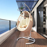TWT Egg Chair Indoor Outdoor Patio Wicker Hanging Egg Chair Swing Egg Basket Chairs with Stand UV Resistant Cushions 350lbs Capacity for Patio Bedroom Balcony Xmas Gift Beige TWT