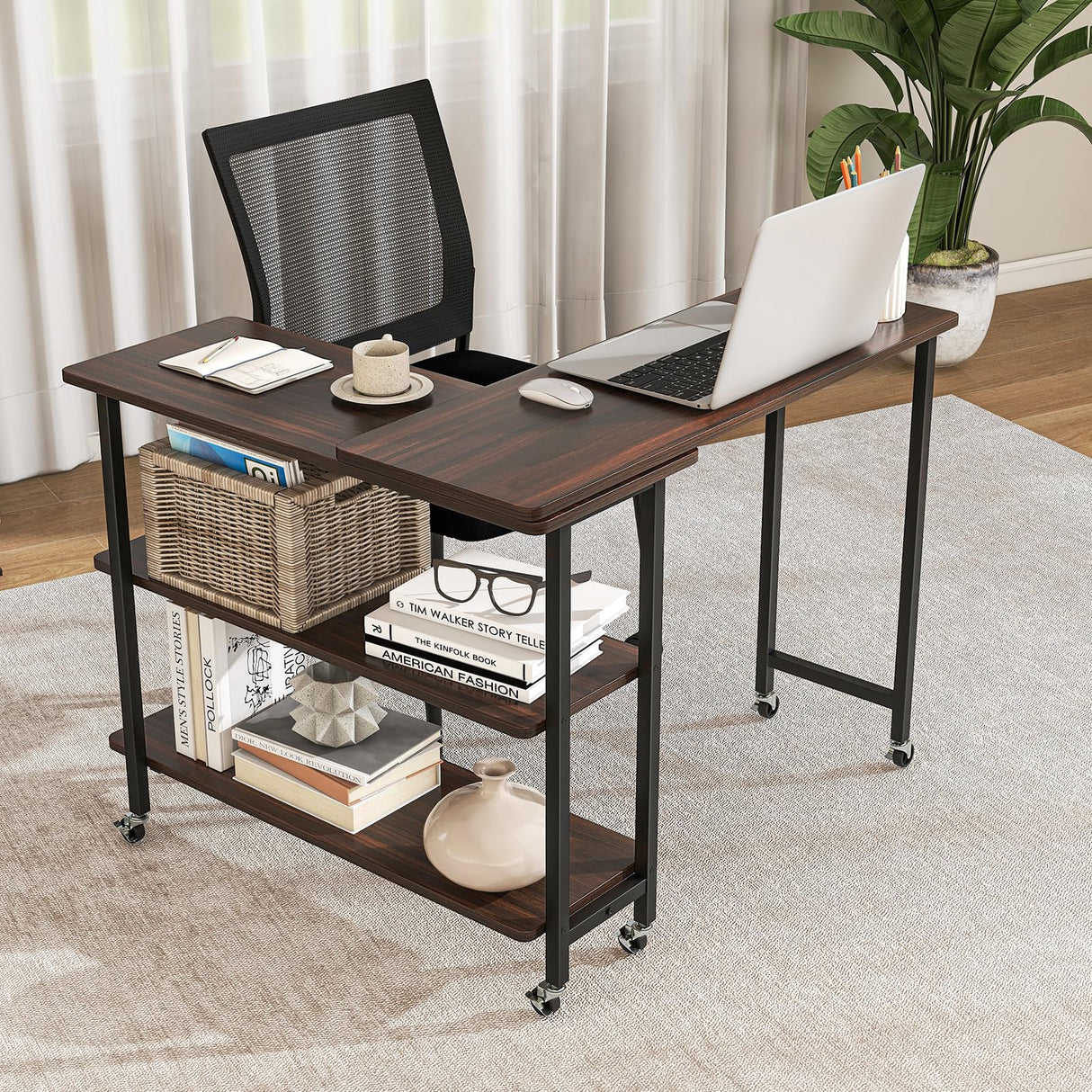 Giantex 360° Free Rotating Sofa Side Table, Mobile L-Shaped Laptop Desk with Sturdy Metal Frame, 6 Universal Casters, Movable Couch Snack Table with 2-Tier Storage Shelf for Home (Walnut) Giantex