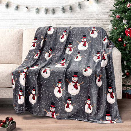 PAVILIA Christmas Snowman Throw Blanket | Grey Christmas Fleece Blanket | Soft, Plush, Warm Winter Cabin Throw, 50x60 (Grey Snowman) PAVILIA