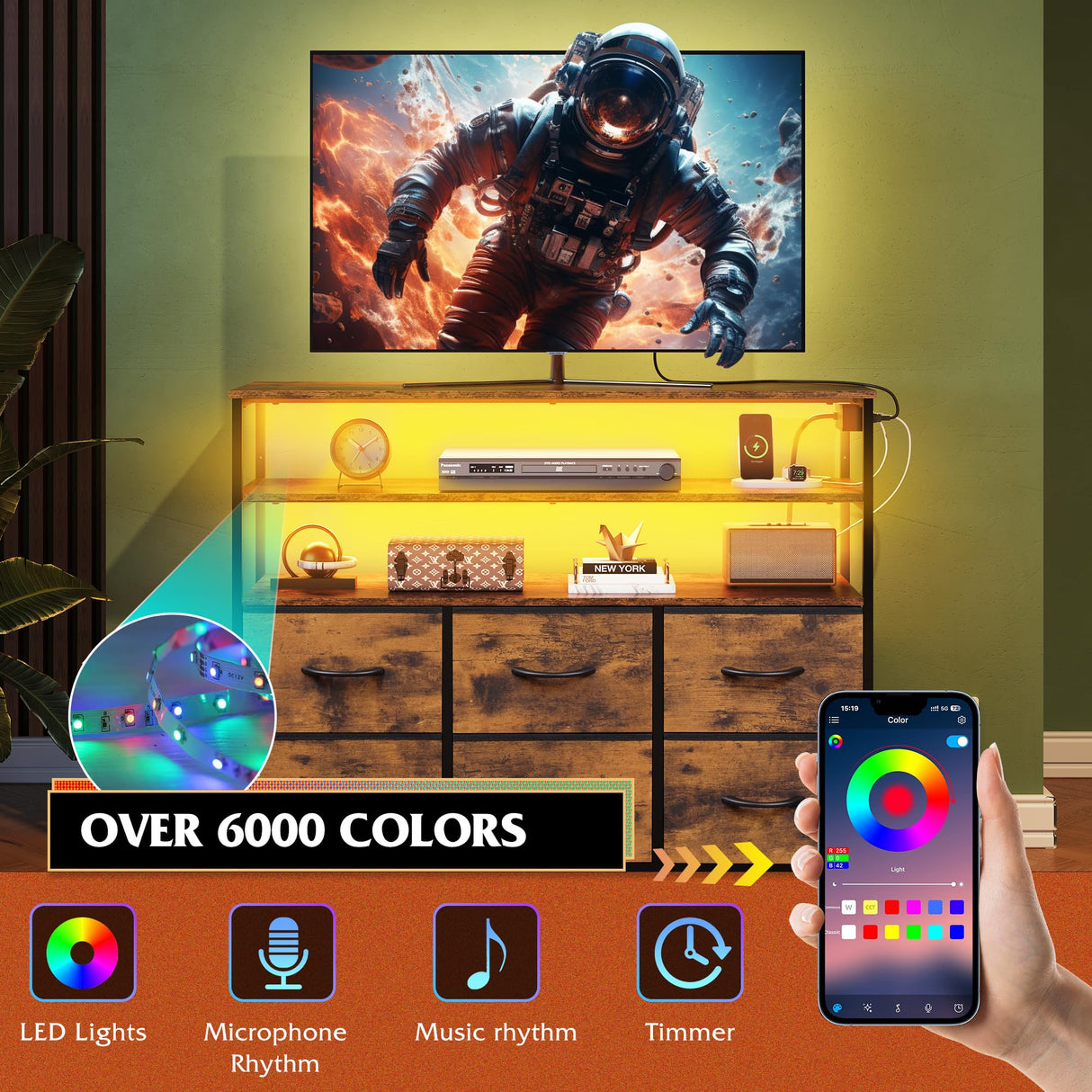 WLIVE Led Dresser for Bedroom, Dresser TV Stand for Bedroom with LED Lights and Power Outlet, Wide Chest of Drawers with Open Shelves for Entryway, 6 Fabric Drawers for Living Room, Rustic Brown WLIVE