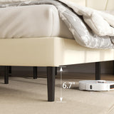Full Bed Frame with Headboard and Wingback, Velvet Upholstered Platform Bed, Mattress Foundation with Wooden Slat Support, No Box Spring Needed, Easy Assembly, Noise Free, Beige Sismplly
