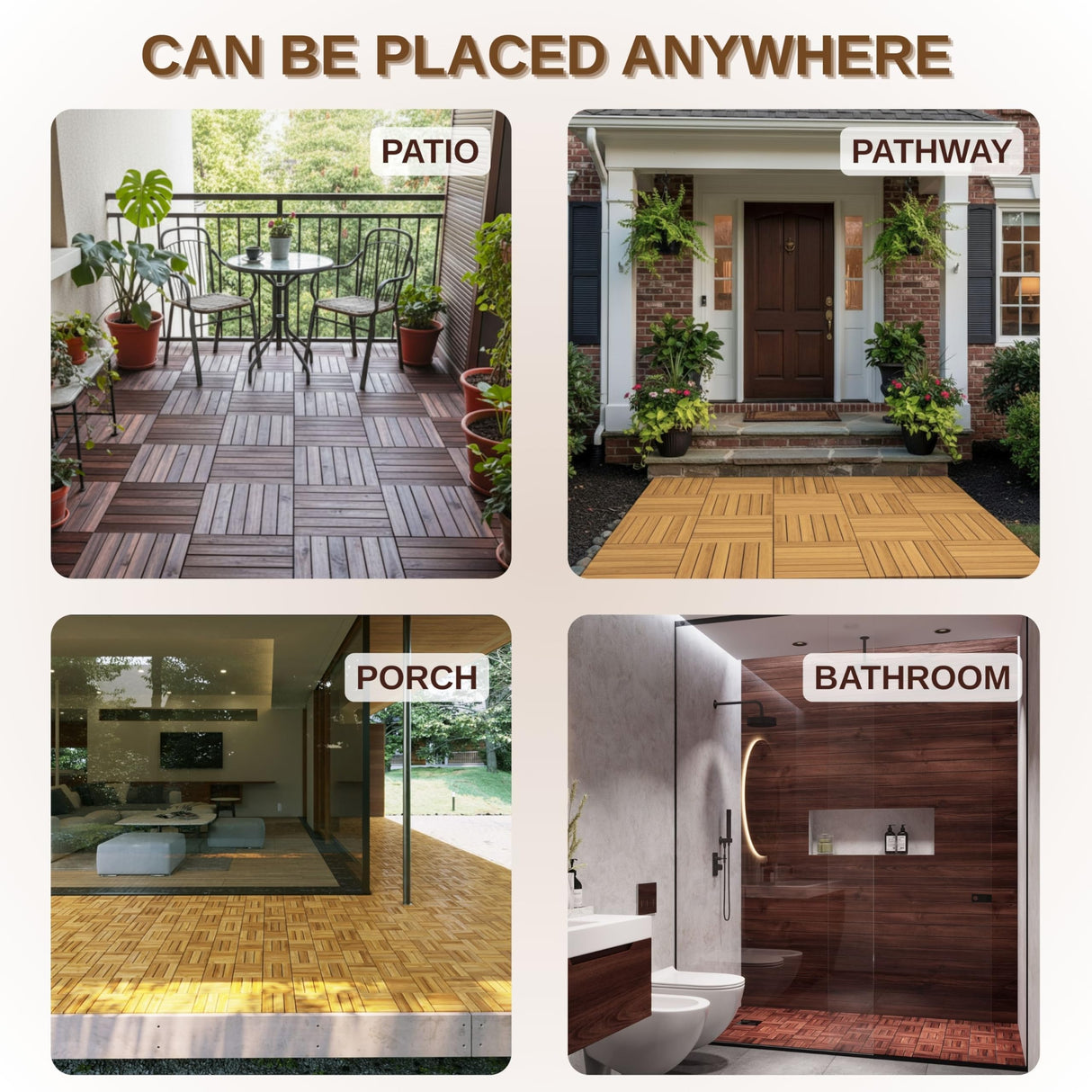 9 PCS Interlocking Deck Tiles 12" x 12"- Acacia Wood Deck Tiles Waterproof - Patio Deck Tiles for Indoor & Outdoor Use, Drainage, Non Slip, Easy Installation (Brown) J CLOVER