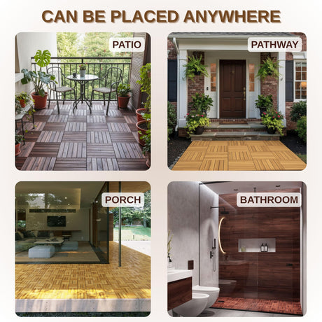 9 PCS Interlocking Deck Tiles 12" x 12"- Acacia Wood Deck Tiles Waterproof - Patio Deck Tiles for Indoor & Outdoor Use, Drainage, Non Slip, Easy Installation (Brown) J CLOVER