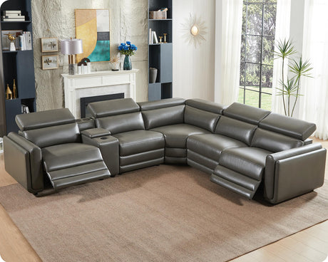 AMERLIFE Power Recliner Sofa, 129 Inch Oversized Reclining Sofa with Console & Speaker, 5 Seats L Shaped Sectional Couch for Living Room, Dark Grey Leather AMERLIFE