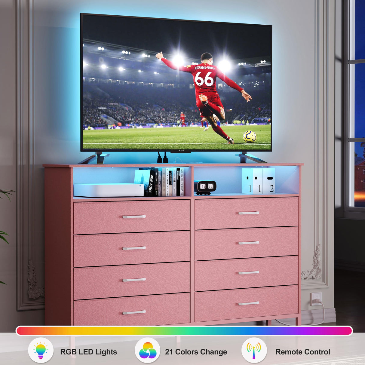 SOOWERY Dresser for Bedroom Led Bedroom Dresser with Charging Station, Tall Dresser with 8 Fabric Chest of Drawers, Dresser for Kids Room, TV Stand for up to 60" TV for Living Room, Pink SOOWERY