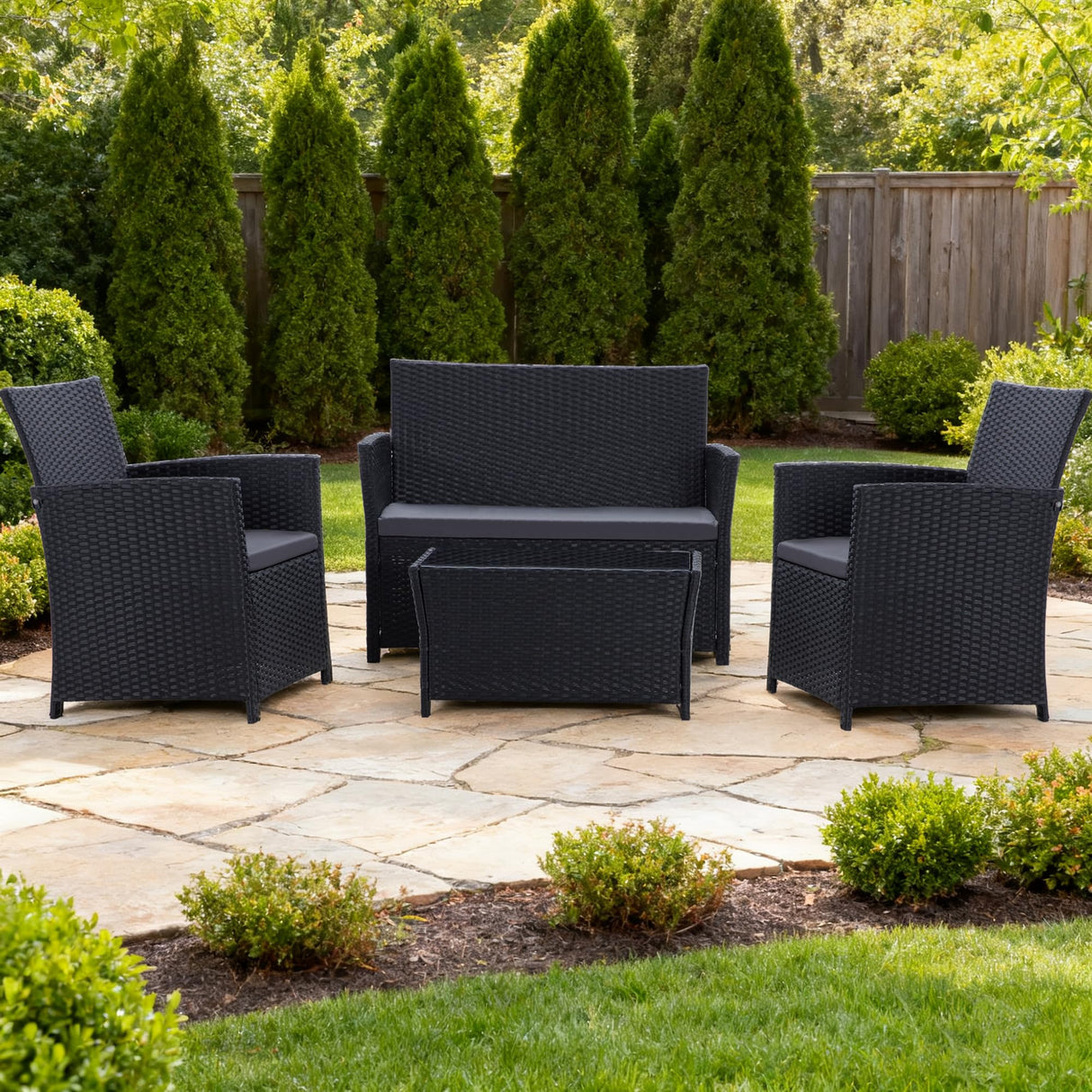 Seogwisam 4 Piece Patio Furniture Set, Outdoor Wicker Conversation Set, Rattan Sectional Sofa Couch with Glass Coffee Table & Thick Cushion for Backyard, Porch, Garden, Poolside, Black/Grey Seogwisam