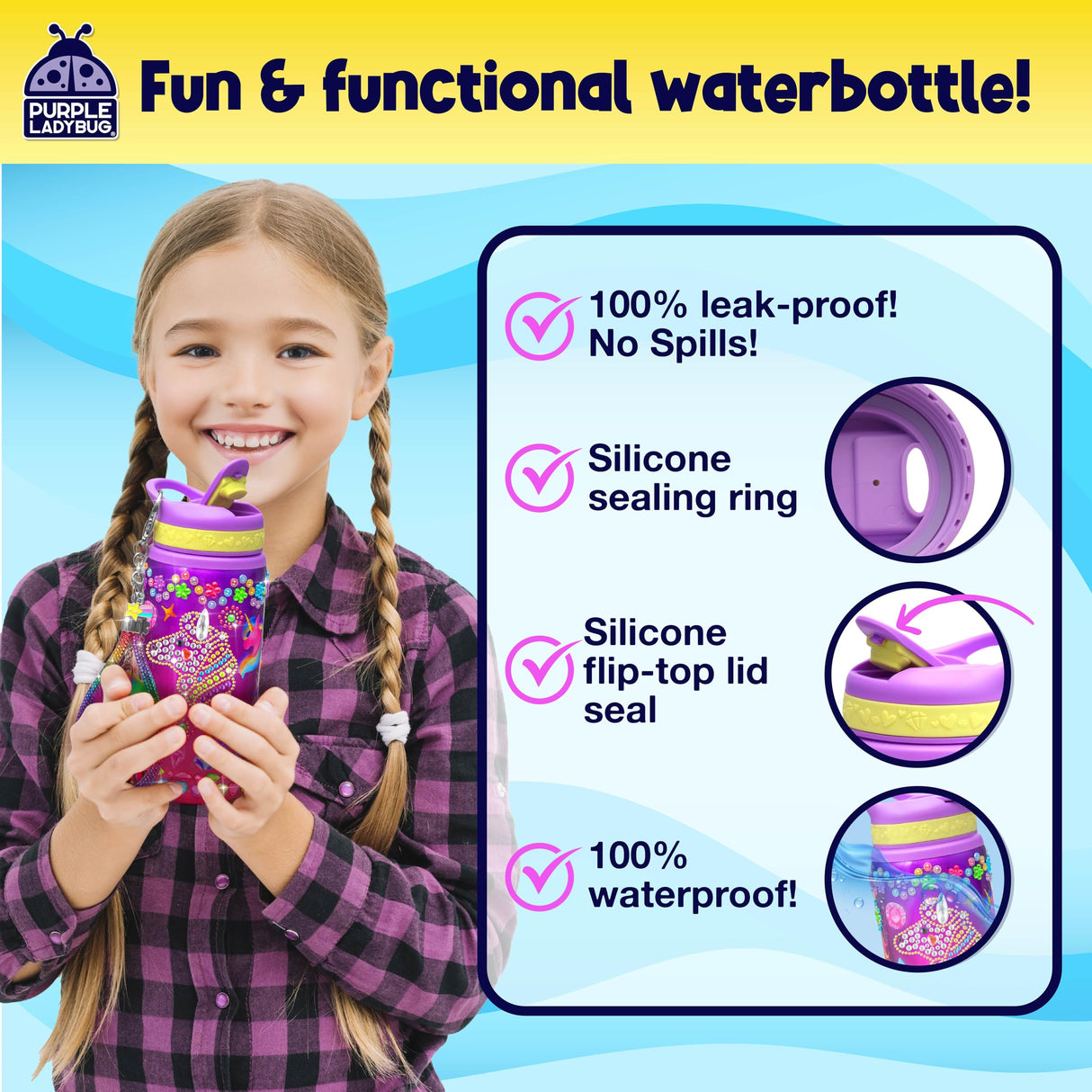 PURPLE LADYBUG Decorate Your Own Water Bottle Kit for Girls - Unicorn Design with Glitter Gem Stickers, Gifts for Girls Ages 5-8-10 Years Old Birthday, Fun Craft for Kids, Water Bottle for School PURPLE LADYBUG