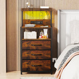 SZLHANJZ Nightstands Set of 2 with Outlet and USB C Port, Bedroom Night Stand with Led Lights and 3 Fabric Drawers, Matching Bedside Tables with Hooks, Vintage Style Storage End Tables, Rustic Brown SZLHANJZ