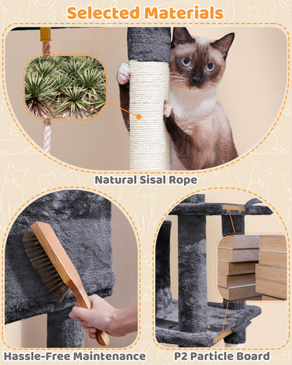 Yaheetech Large Multi-Level Cat Tree, 63 Inches Tall with Sisal-Covered Scratching Posts, Condo, Hammock, Dangling Ball, and Extended Platform for Cats to Play and Sleep