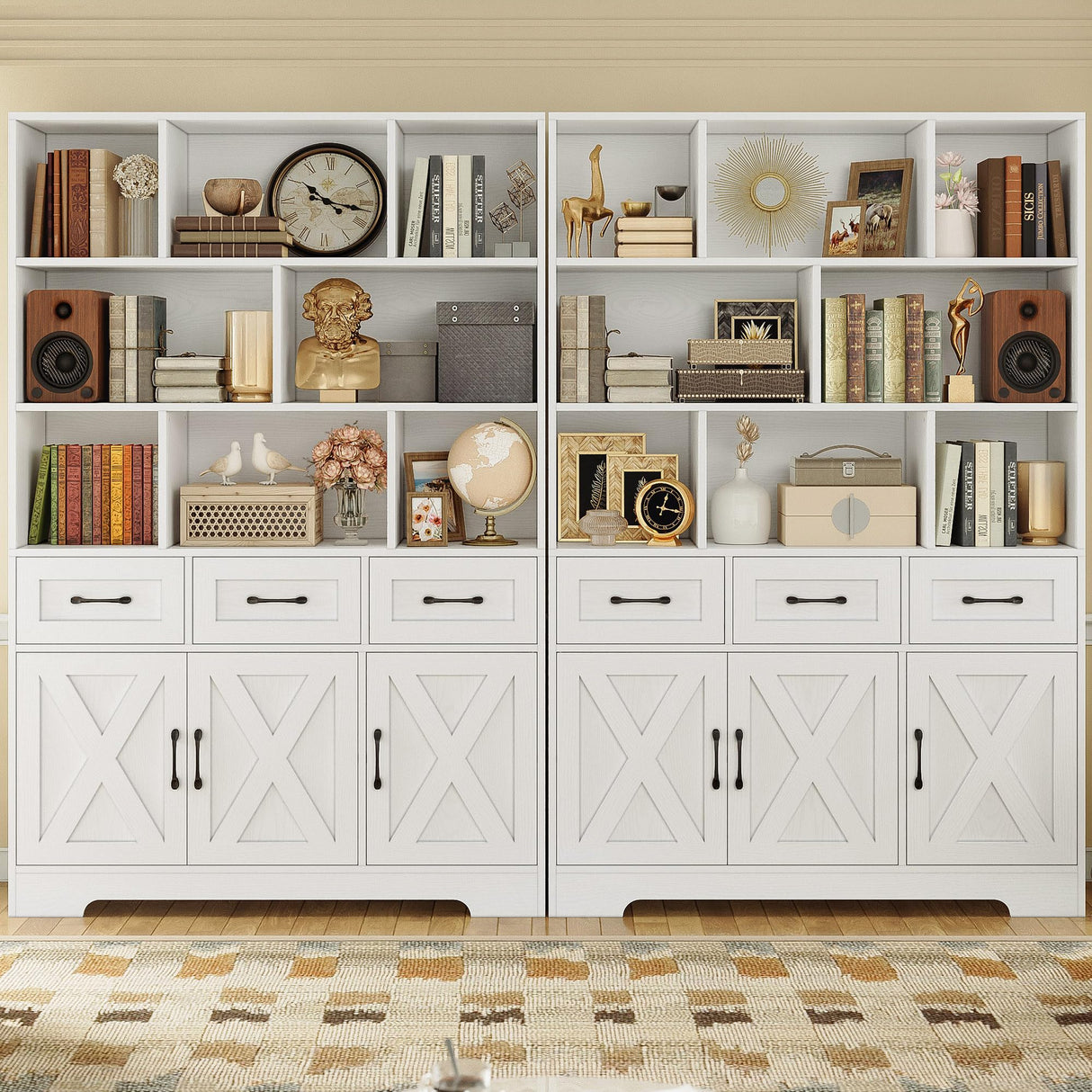 IRONCK Bookshelf with Drawers & Doors, Tall Bookshelf with Storage, Bookcase with Cabinets for Home Office, Living Room, White IRONCK