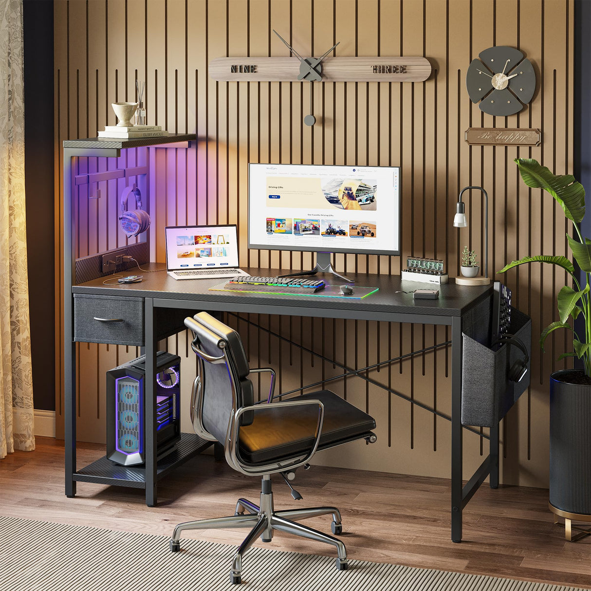 TIQLAB Gaming Desk 47 inch with Power Outlet and LED Light, Computer Desk with Reversible Shelves and Storage Drawer, Small PC Desk for Home Office Table with Bag, Carbon Fiber Black TIQLAB