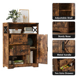 Fameill Farmhouse Storage Cabinet with 2 Drawers & Shelves, Freestanding Cabinet for Living Room, Bathroom, Kitchen, Laundry, Brown Fameill