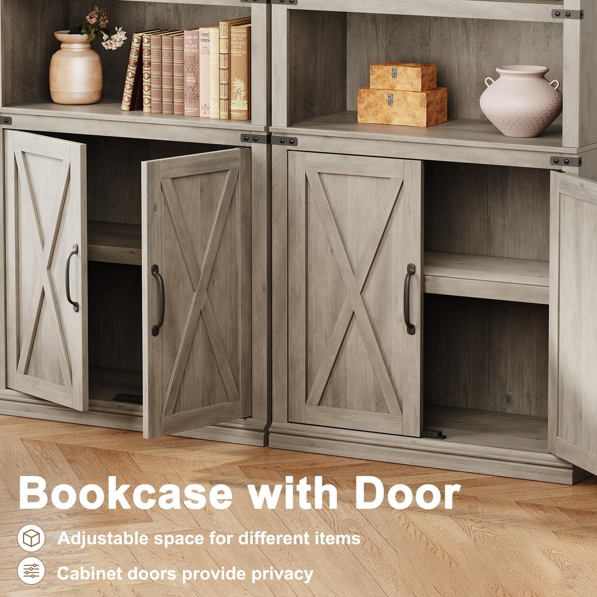 CABIHOME 5 Tier Book Shelf, Farmhouse Book Case with Cabinet, 68.7" Tall Book Shelf with Storage Doors, Wooden 5 Shelf Book Case for Home Office, Living Room, Bed Room CABIHOME