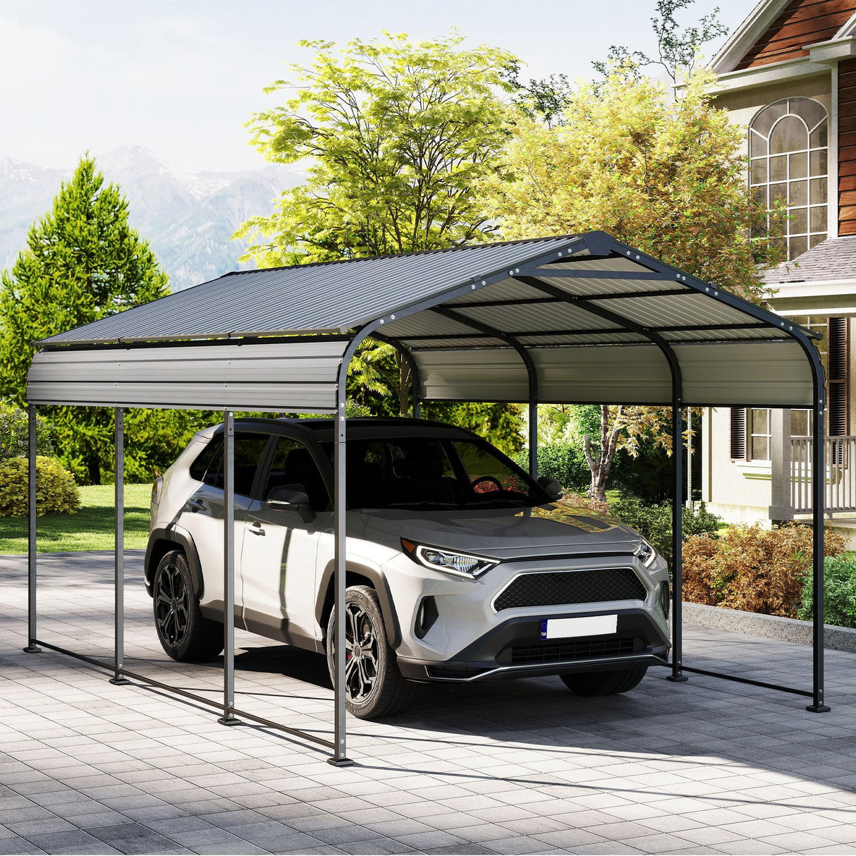 10×15FT Metal Carport, Heavy Duty Car Port, All-Weather Outdoor Storage Trucks, Boats, Cars, Galvanized Steel Roof, Vertical Stripe Design Real Relax
