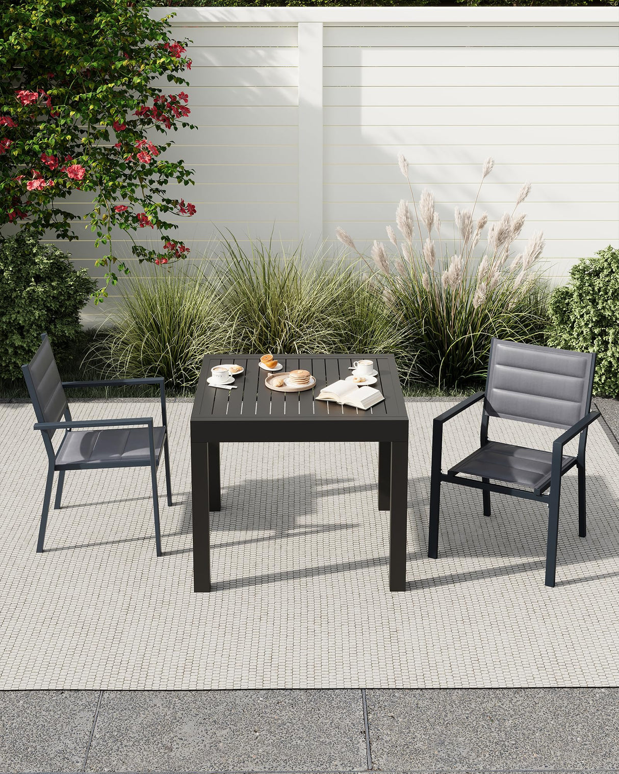 4 Piece Aluminum Patio Stackable Dining Chairs Set, Outdoor Metal Lightweight Stacking Dining Chair with Textilene Fabric, for Backyard Lawn Deck Poolside Porch Bistro, Dark Grey GAOMON