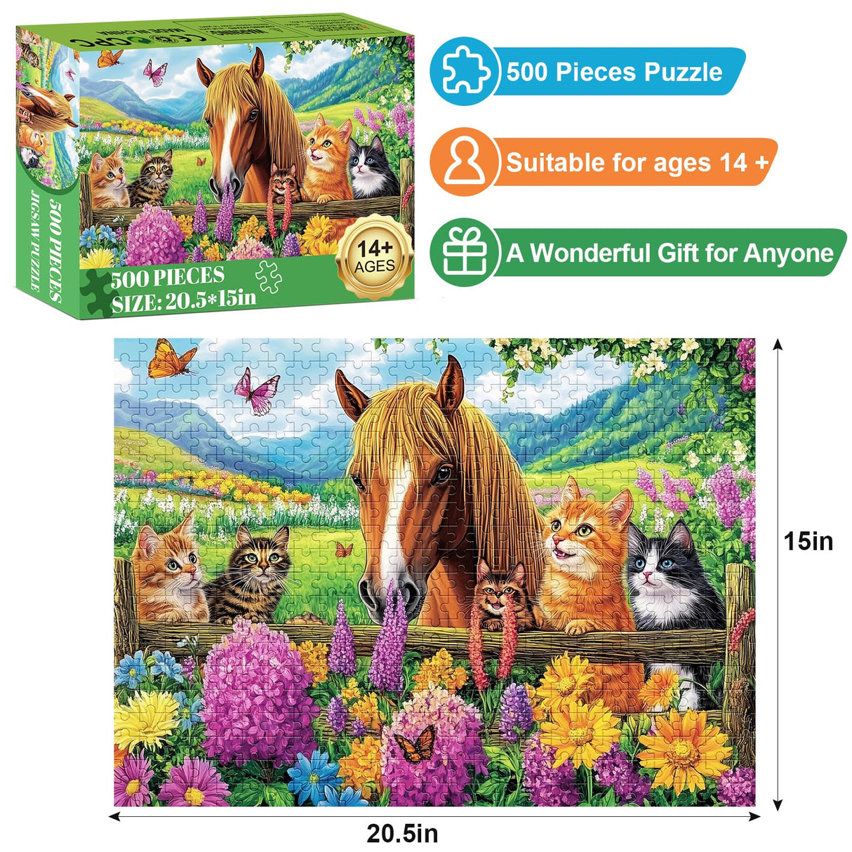 500 Piece Puzzle for Adults- Cats and Horses Puzzle| Recycled Paper Farm Jigsaw Puzzles 500 Pieces | Challenging Family Activity Great Gift Idea for Family Friends | Hard Puzzle Size 20.5X 15 inches Edsjegn