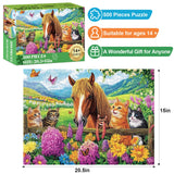 500 Piece Puzzle for Adults- Cats and Horses Puzzle| Recycled Paper Farm Jigsaw Puzzles 500 Pieces | Challenging Family Activity Great Gift Idea for Family Friends | Hard Puzzle Size 20.5X 15 inches Edsjegn
