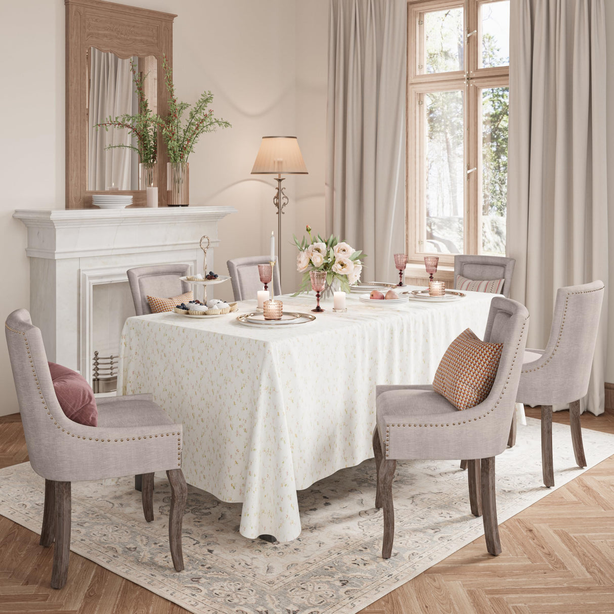 Aoowow Fabric Vintage Upholstered Side Chairs Set of 6, Farmhouse Solid Wood Kitchen Dining Room Chairs with Nailheads Legs (Fabric Beige) Aoowow