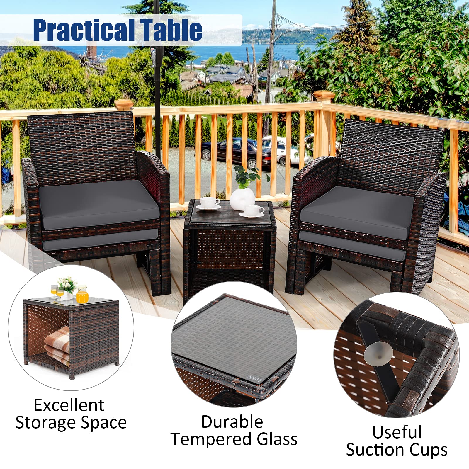 COSTWAY 5PCS Patio Rattan Wicker Furniture Set Sofa Ottoman Cushion Gray - WoodArtSupply