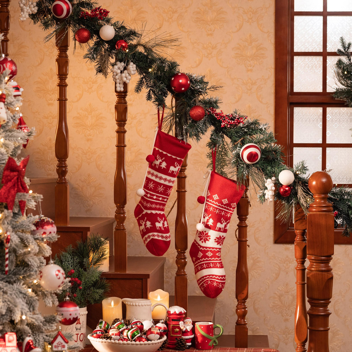 Valery Madelyn 6 feet Pre-Lit Christmas Garland with Lights for Mantle, Lighted Battery Operated Xmas Garland with Red White Balls for Front Door Fireplace Table Centerpiece Outdoor Window Home Decor Valery Madelyn