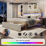 GarveeHome King Bed Frame with 2 Storage Drawers, LED Bed Frame with 2-Tier Storage Headboard&Charging Station, Metal Platform Bed Frame, No Box Spring Needed, Noise Free, White GarveeHome