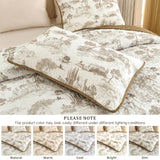 Drucon Khaki Quilt Set King Size, Toile Farmhouse Bedspreads, 3 Pieces Rustic Village Landscape Printed Coverlet, Soft Microfiber Quilt Bedding Set for All Season (106x90 Inch) Drucon