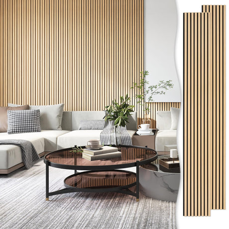 eazart Acoustic Wood Veneer Slat Wall Panels for Interior Wall and Ceilings Decor | Sound-Absorbing Felt Board | 3D Sound Proof Decorative Panels | 94.49” x 23.62” Each Box | 2 Pack | Natural Oak eazart