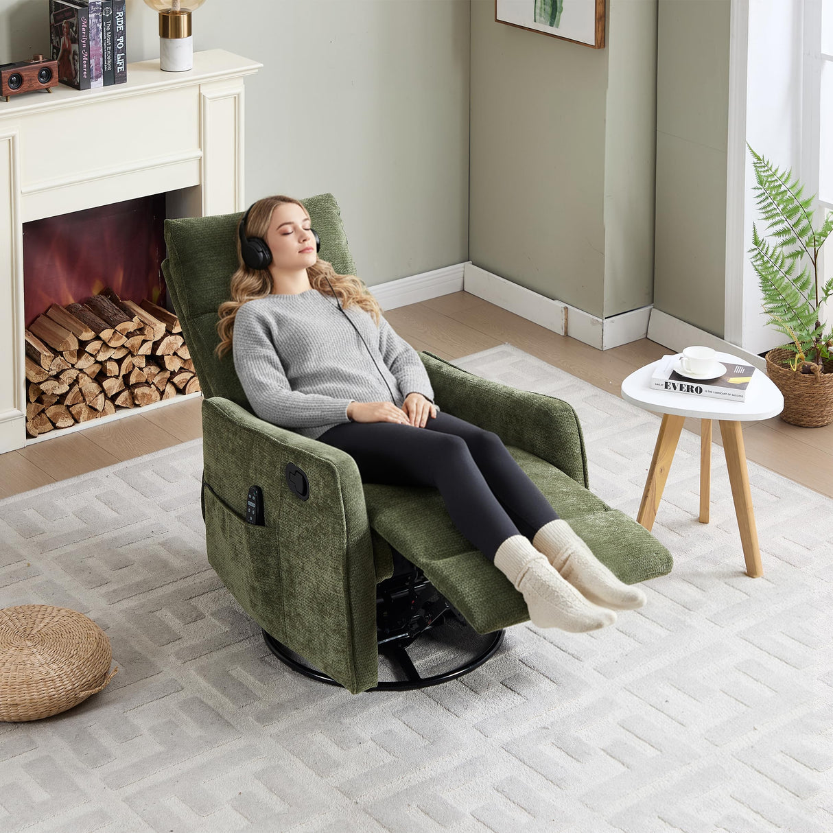 PELUMY Recliner Chair Swivel Rocking with Heat Massage - 360° Manual Recliner, 8-Point Vibrating & Lumbar Heat, Easy Assembly Chair for Living Room (Chenille, Green) PELUMY