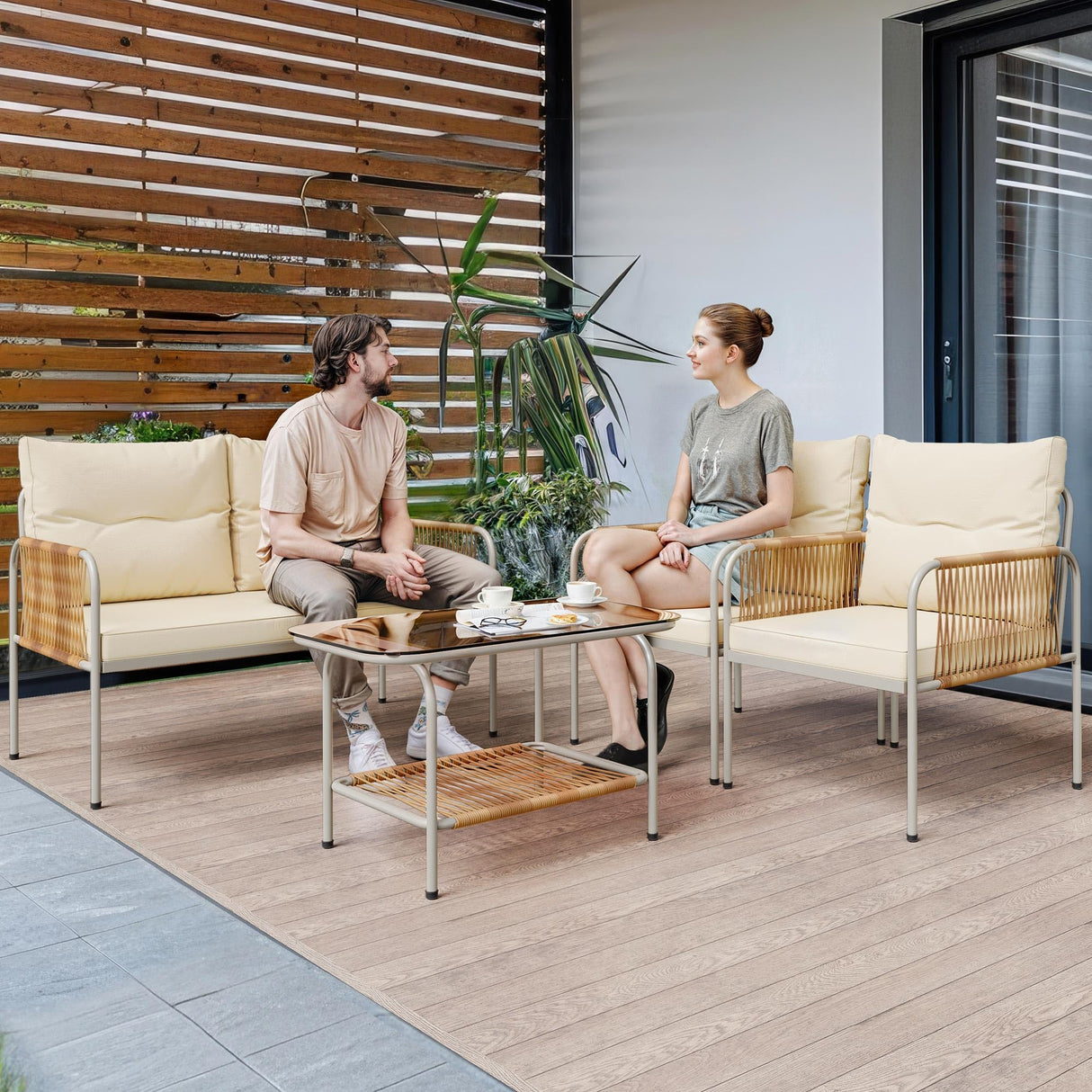 YITAHOME 4 Pieces Patio Furniture Set, Wicker Outdoor Conversation Set, All-Weather Rattan Bistro Set with Loveseat Set, Coffee Table and Cushions for Backyard, Balcony, Deck - Beige YITAHOME