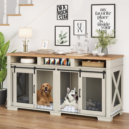 71" Dog Crate Furniture, Extra Large Wooden Double Dog Crate with 3 Storages and Removable Divider, Furniture Style Dog Crate Table Indoor TV Stand for Large Medium Dogs, White