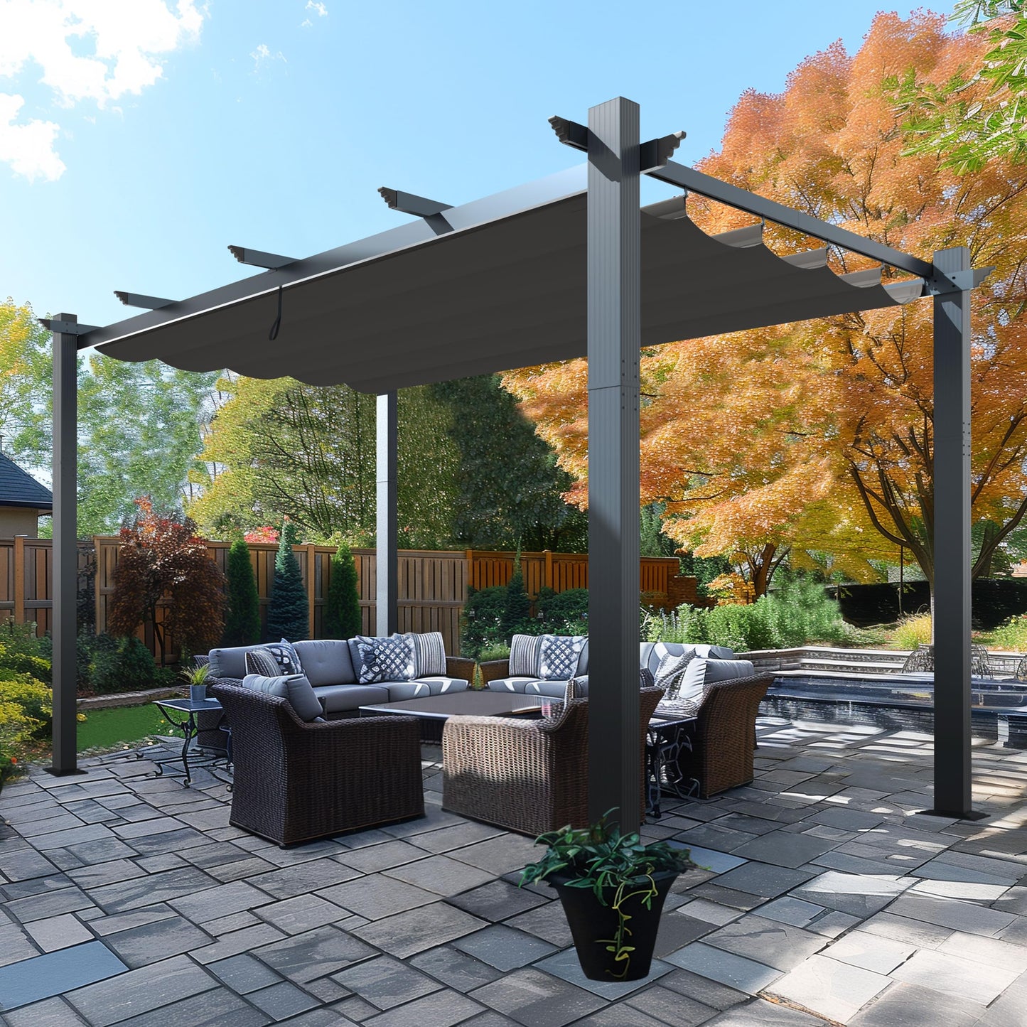 Yardenaler 12’ X 16’ Retractable Pergola with Adjustable Canopy for Backyard Deck Garden Grey